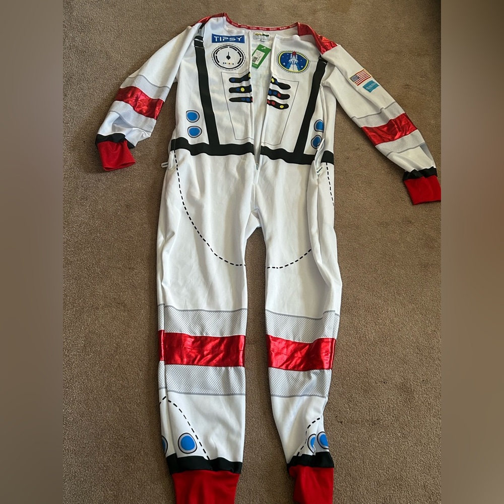 Tipsy Elves White Jumpsuit with Red and Blue Accents